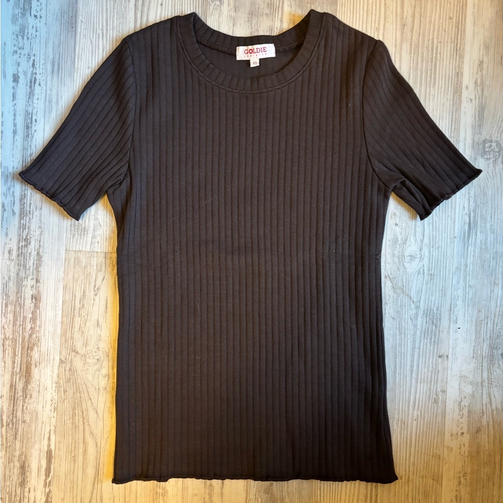 Goldie Chelsea Cotton Ribbed Tee Lettuce Hem BROWN Size XS NEW
